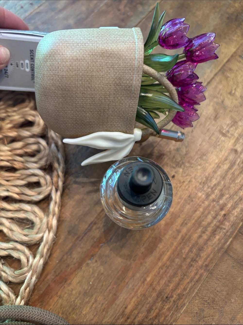 Purple Glass Tulip Bouquet in Beige Basket Accent plug in and 1 scent